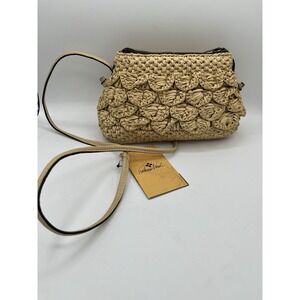NWT-PATRICIA NASH Leather Bacoli Trimmed Scalloped Raffia Crossbody Natural